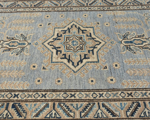 11 Ft Gray Kazak Afghan Hand Knotted Geometric Wool Runner Rug